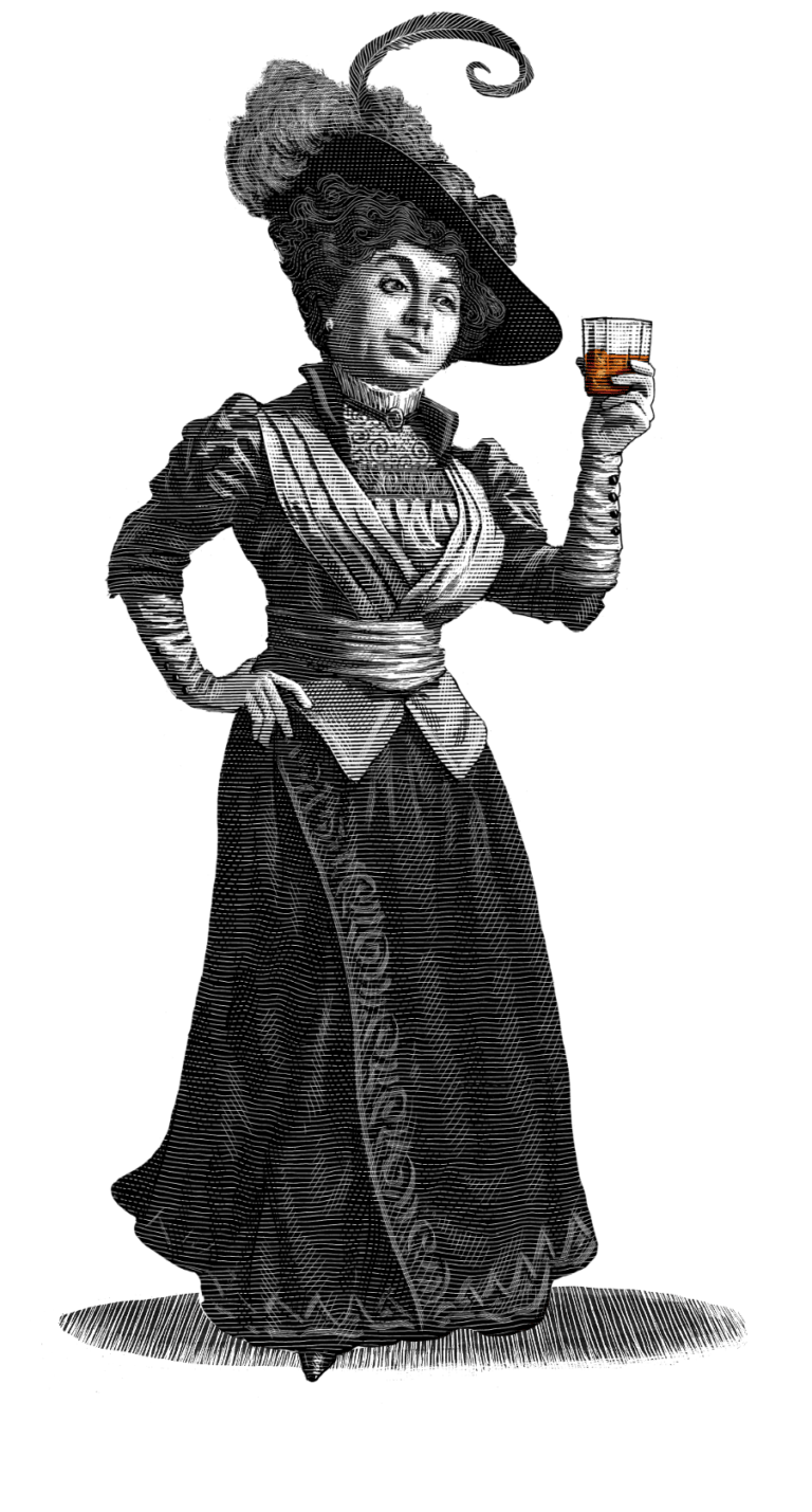 Illustrated woman holding a glass of bourbon